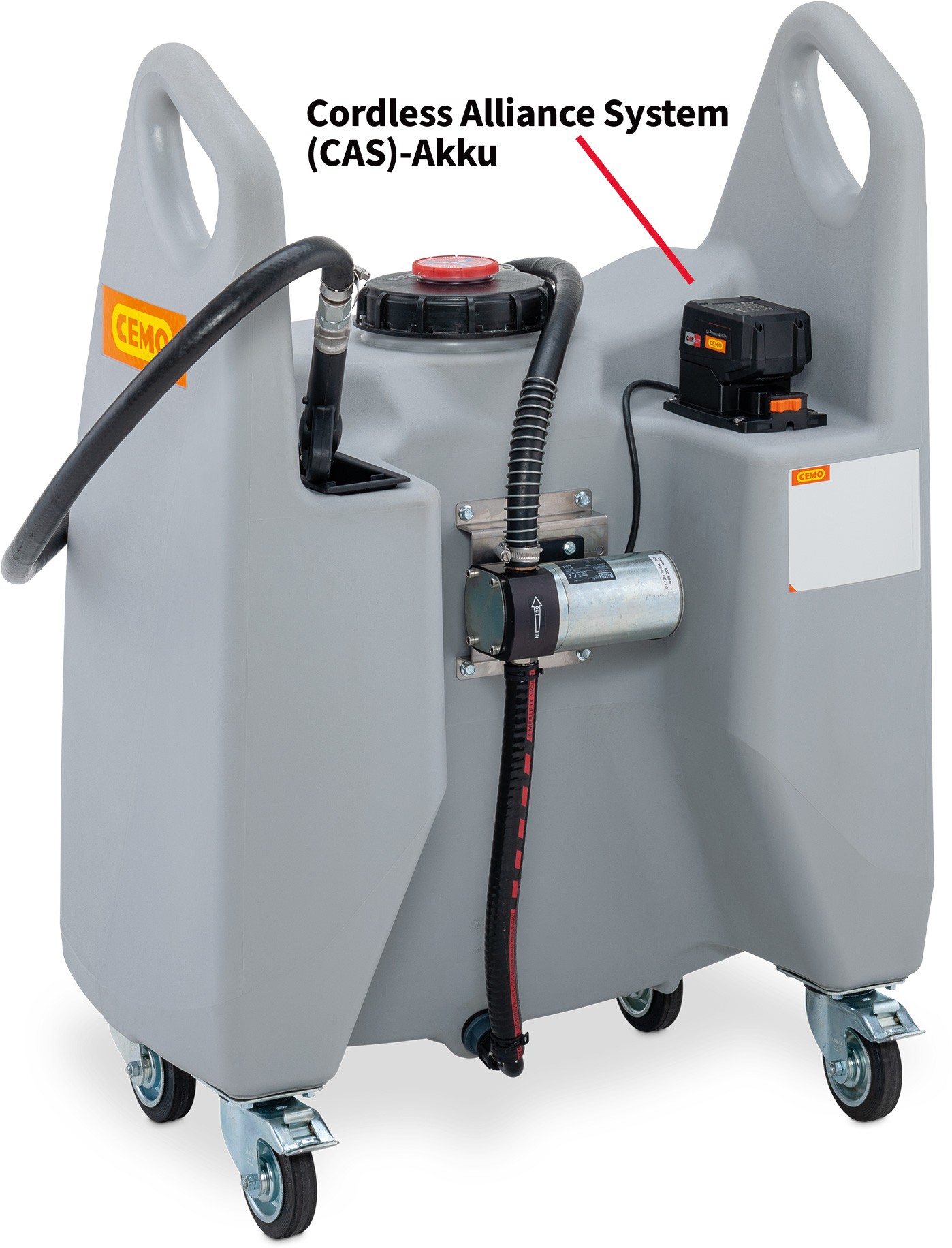Beispiel: Transfer-Trolley Öl 130 Liter Inhalt mit 12-V-Zahnradpumpe, Lieferung erfolgt ohne Akku und Ladegerät 